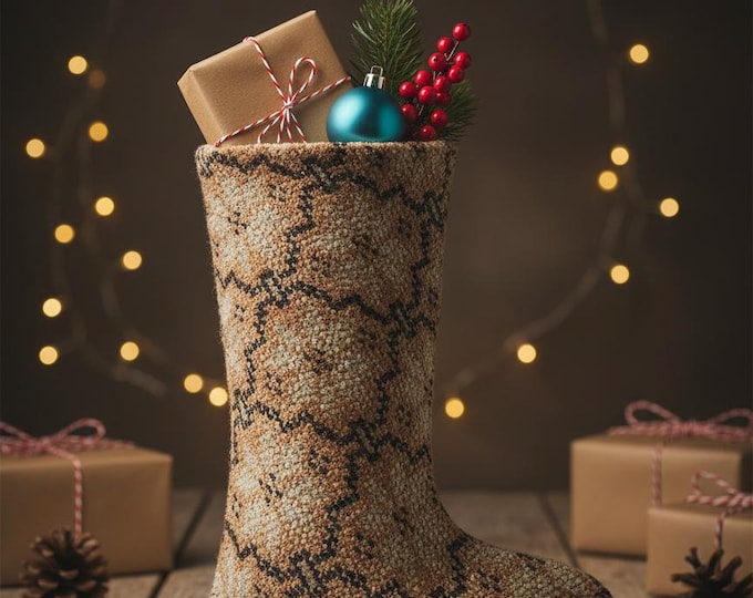 Vintage Rug Christmas Stocking – Upcycled Carpet – Beige Terracotta Holiday Decor