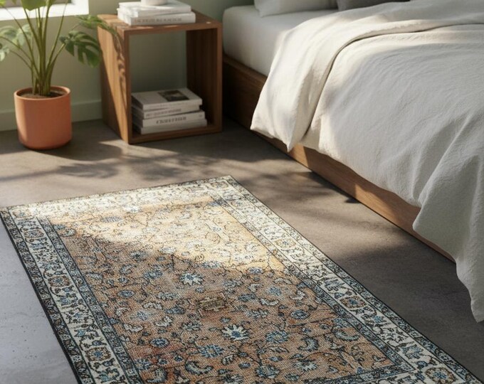 Vintage Hand Knotted Turkish Rug 112×201 cm | Camel Beige Blue Wool Carpet | Boho Farmhouse Living Room | Free DDP Shipping