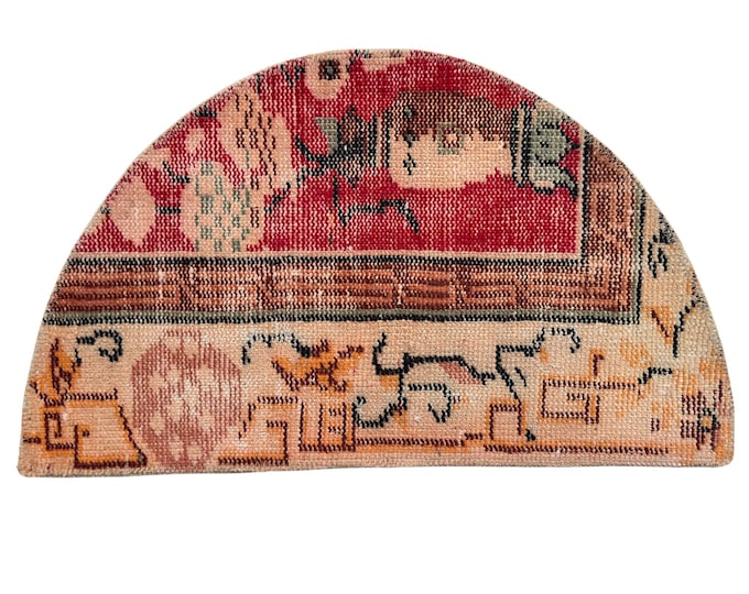 Vintage Turkish Isparta Semicircle Rug, Hand Knotted Wool, Distressed Crimson Red Beige, Half Moon