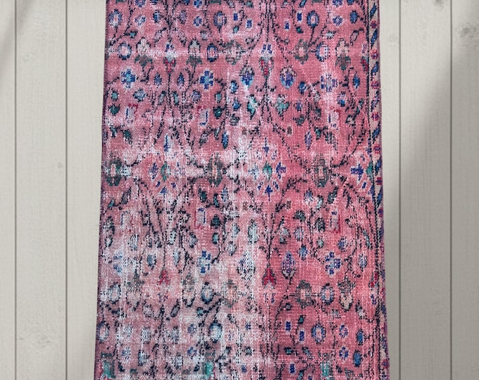 Vintage Turkish Hand-Knotted Small Rug 2.5x4.5 ft | Distressed Dusty Pink Blue Wool Carpet | Handmade Anatolian Allover Floral Scrolling Rug