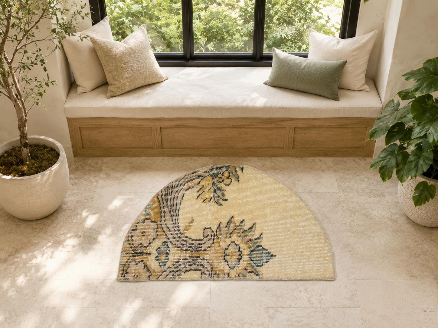 Vintage Turkish Semicircle Rug, Handwoven Wool Minimal Floral Spray, Cream Gold Sage, 1.4x2.1 ft