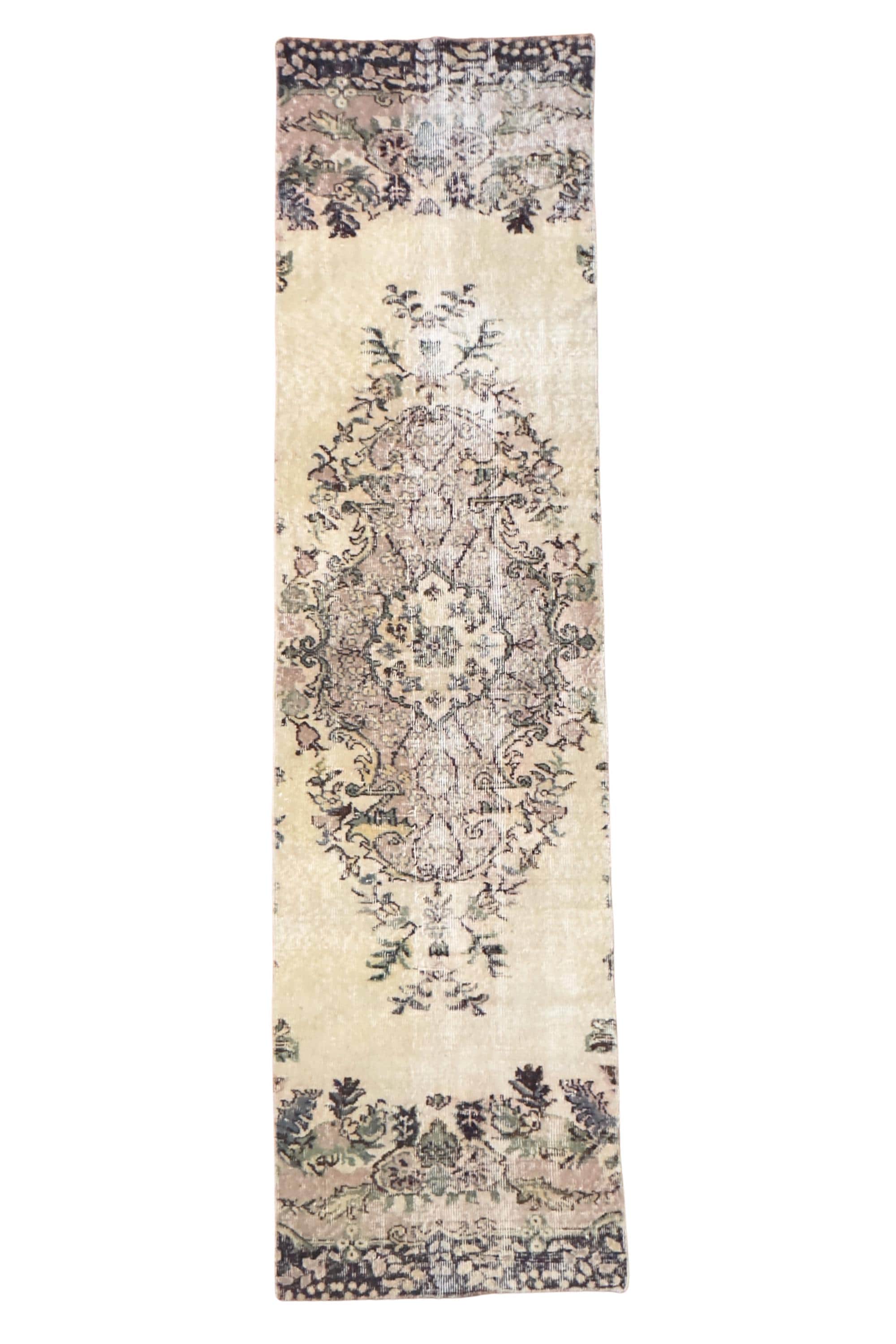 Vintage Turkish Isparta Runner Rug, Hand-Knotted Wool Medallion, Faded Ivory Navy, 75x285 cm – view 6