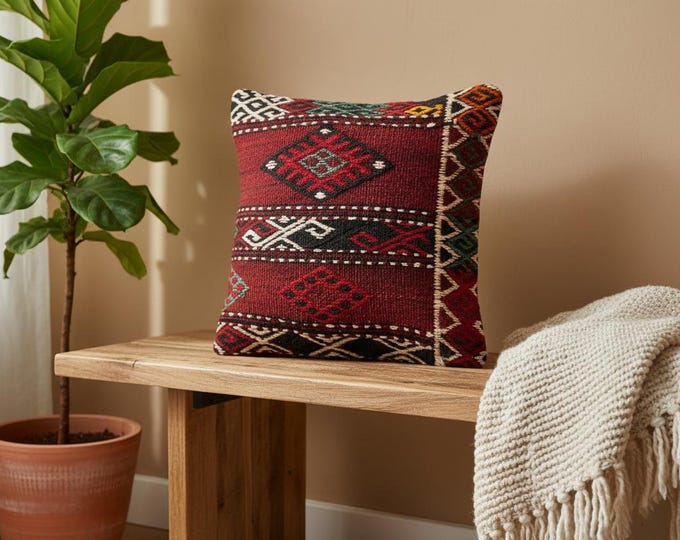 Vintage Handwoven Turkish Kilim Pillow Cover – Wool Cushion Red Black Tribal Design – Boho Farmhouse Decor