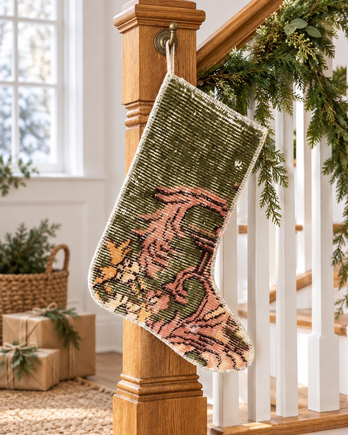 Vintage Turkish Rug Christmas Stocking, Earthy Olive Green Scroll, Dusty Rose Apricot, 12.6x14.6 in – view 2