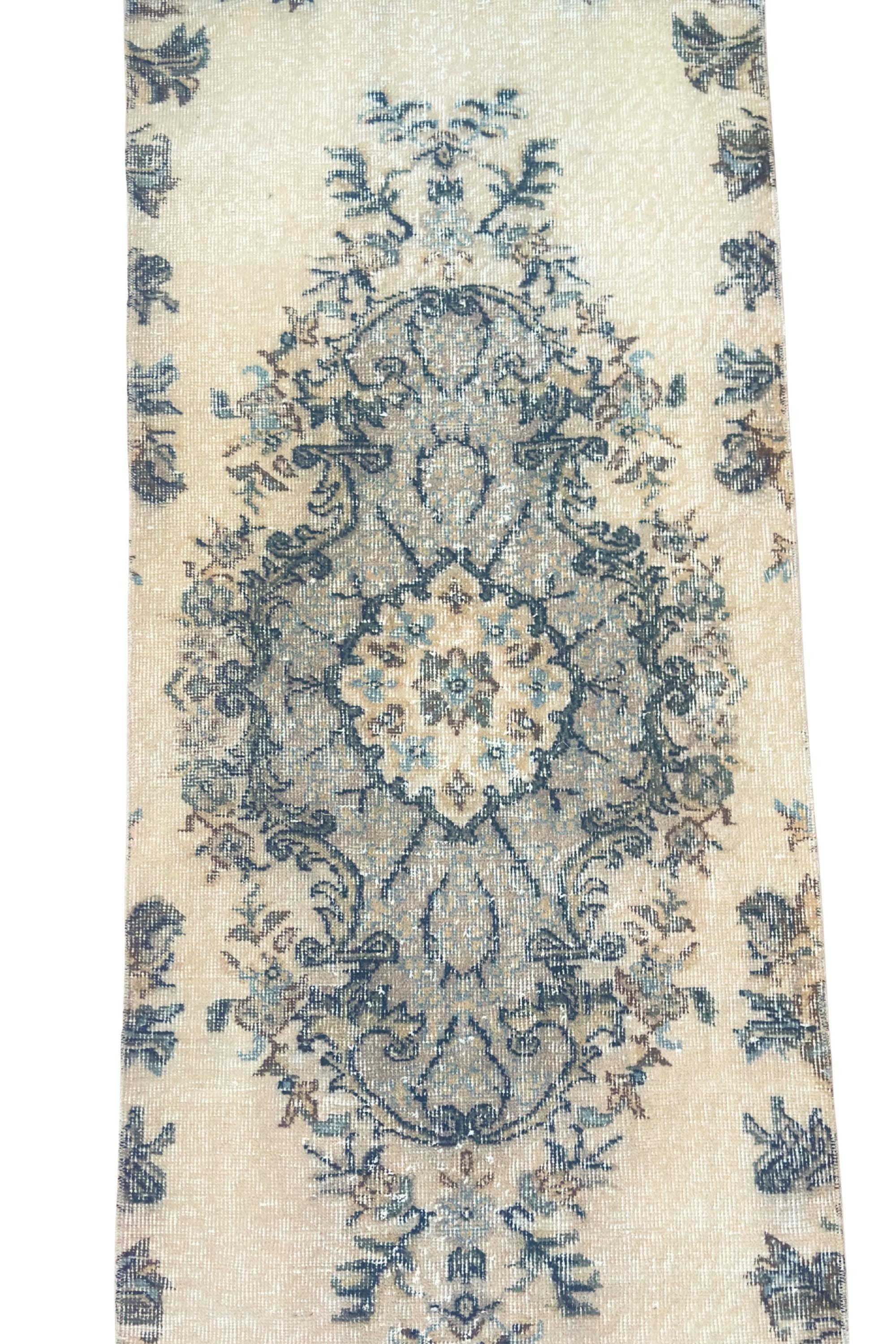 Vintage Turkish Runner Rug, Hand-Knotted Wool Floral Medallion, Faded Slate Blue Ivory, 2.8x9 ft – view 13