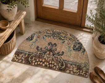 Tappeto Turco Vintage Semicerchio, Lana Annodata a Mano Neutro Floreale Medaglione Volute, Talpa, 1.5x2.5 ft