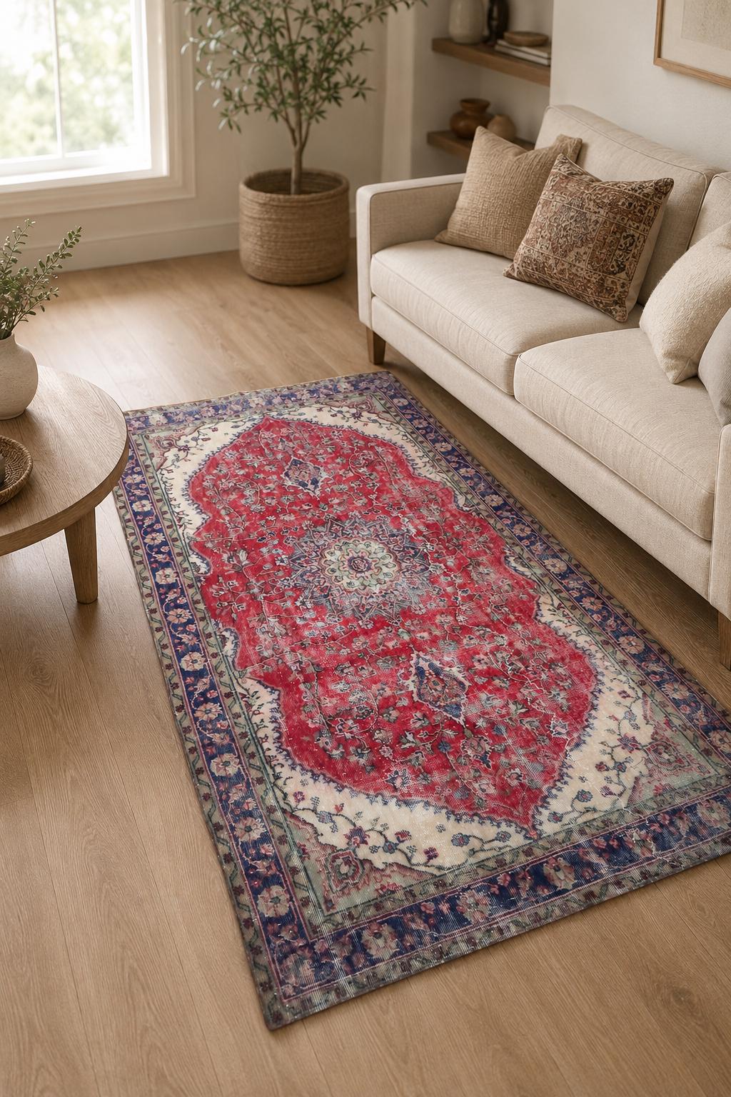 Vintage Turkish Area Rug, Hand-Knotted Wool Medallion, Faded Crimson Red Navy, 6x9 ft – view 3