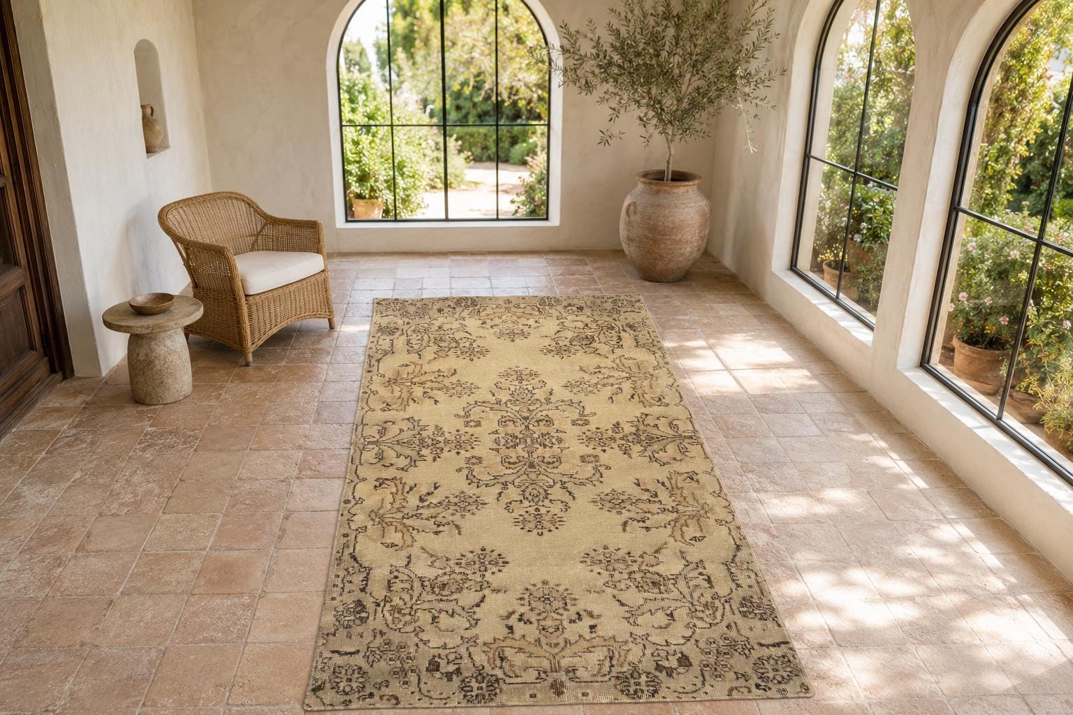 Vintage Turkish Area Rug, 3.5x6.5 ft, Ivory Taupe Floral Medallion