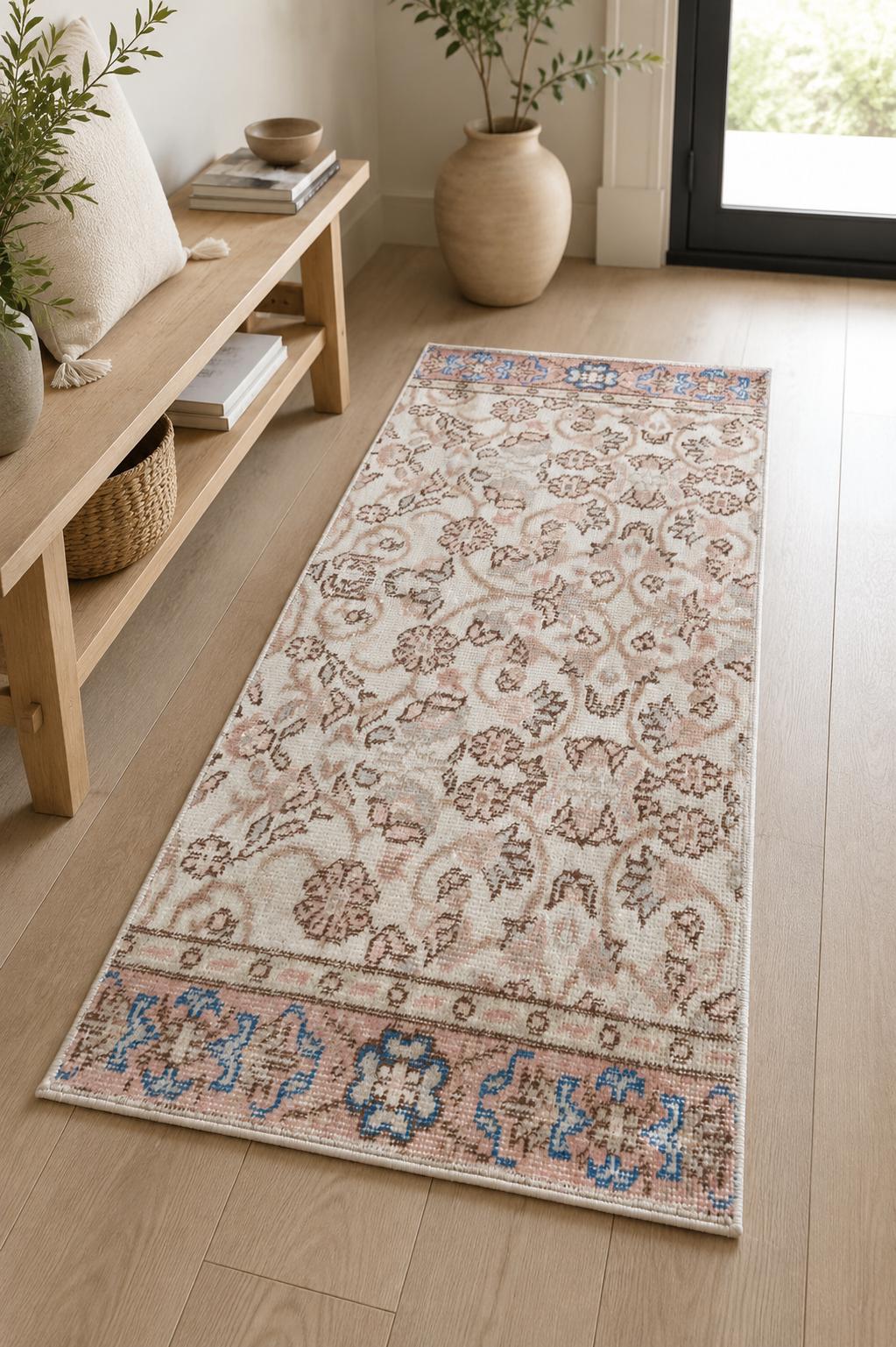 Small Turkish Vintage Rug Runner, Handwoven Wool Floral, Ivory Blush Cobalt Blue, 1.75x3.6 ft