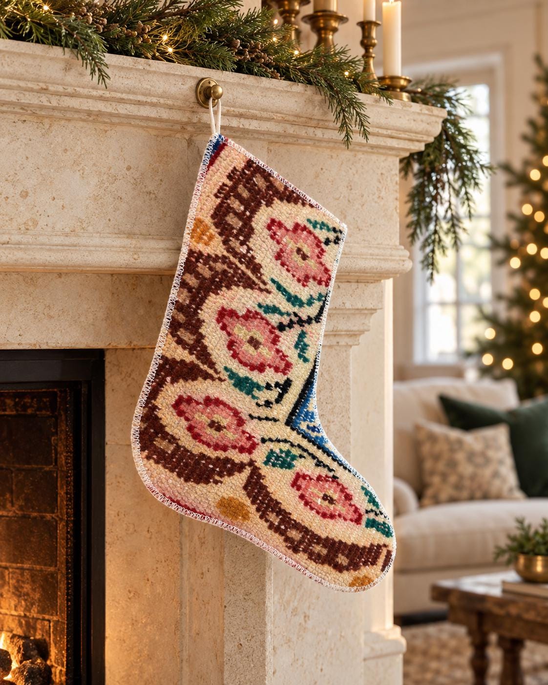 Vintage Turkish Rug Christmas Stocking, Handmade Boho Burgundy Pink Decor, 11.8x12.6 in