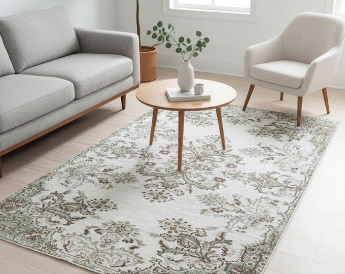 Vintage Hand-Knotted Wool Area Rug, Distressed Ivory Sage Green Floral Medallion Carpet, 3.6x6.3 ft