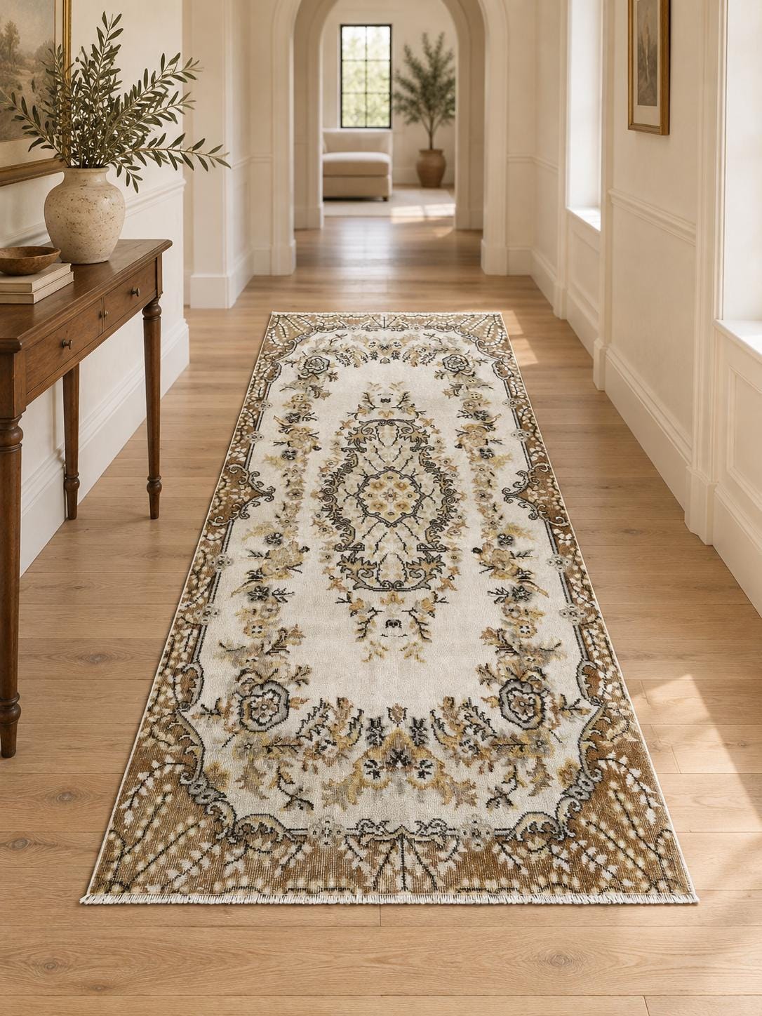 Vintage Turkish Area Rug, 3.7x6.9 ft, Ivory & Brown, Floral Medallion