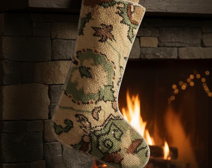 Vintage Turkish Rug Christmas Stocking | Green Beige Upcycled Carpet | Boho Holiday Decor