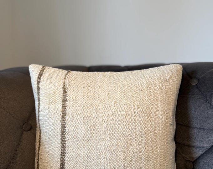 Neutral Sofa Pillow Cover 16x16 Vintage Kendir Burlap Fabric Natural Beige Upcycled Cushion Cover Concealed Zipper 40x40