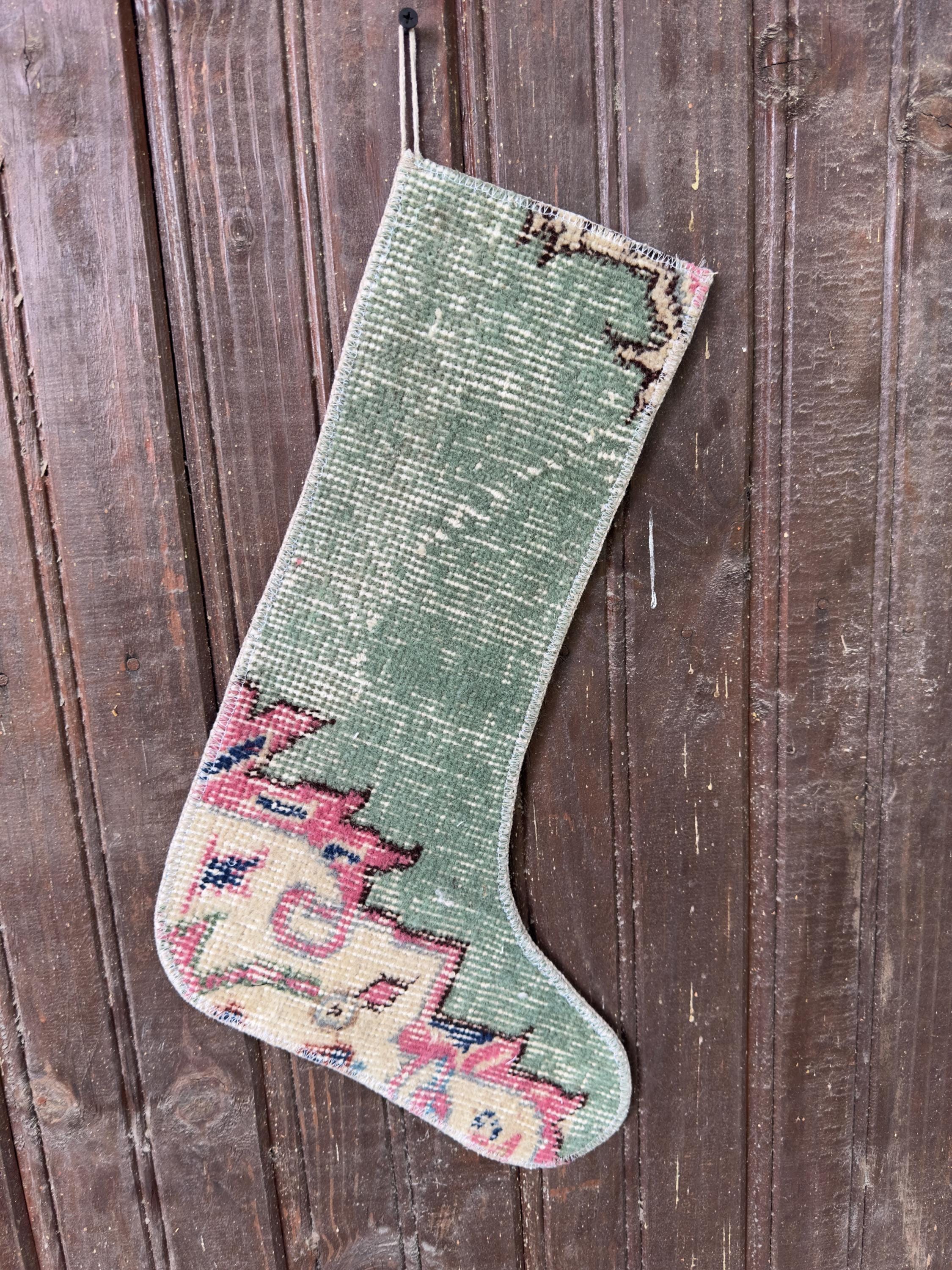 Vintage Turkish Rug Christmas Stocking, Faded Sage Green Floral, Raspberry Pink Cream, 11.8x17.7 in – view 3