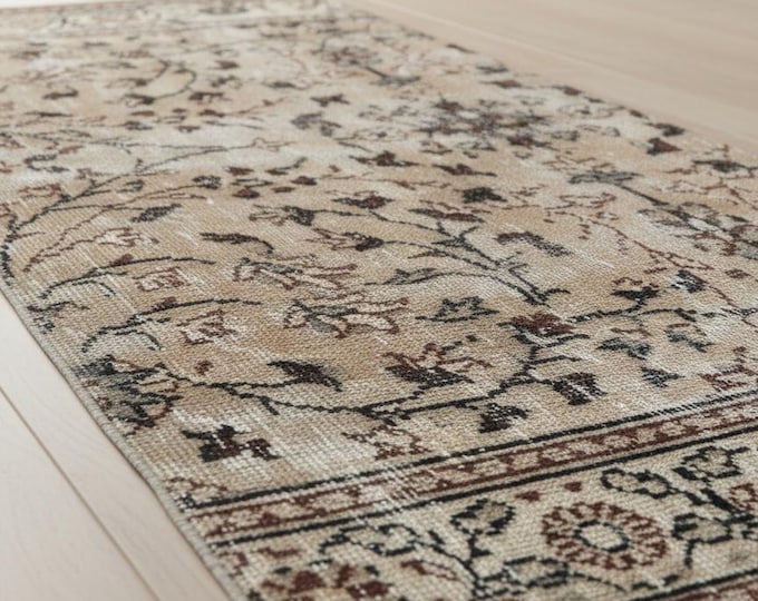 Beige Black Brown Runner – Vintage Turkish Wool Rug