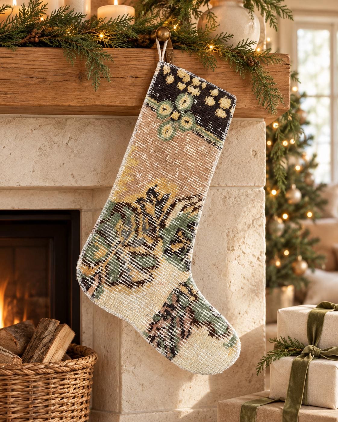 Christmas Stocking, Vintage Turkish Rug, Floral Sage Green Mustard Brown, 17 in in brown, green, sage, full front view