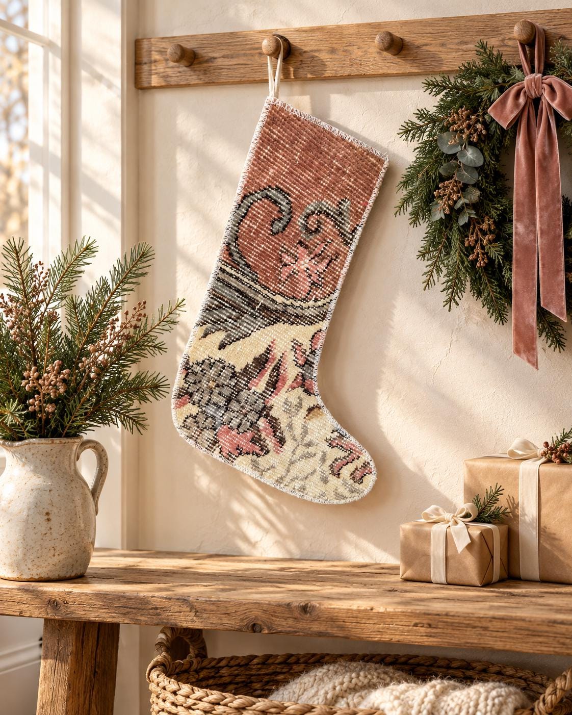Vintage Turkish Rug Christmas Stocking, Faded Terracotta Rose Floral, Cream Sage Brown, 12.2x17.3 in