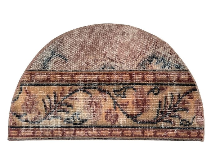 Hand Knotted Vintage Patchwork Semicircle Rug 17x30 Inches Wool