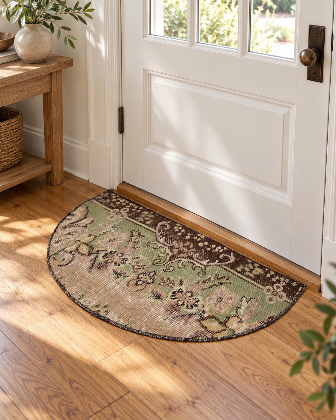 Semicircle Rug, Vintage Turkish Carpet, Floral Scroll Sage Green, 33 in