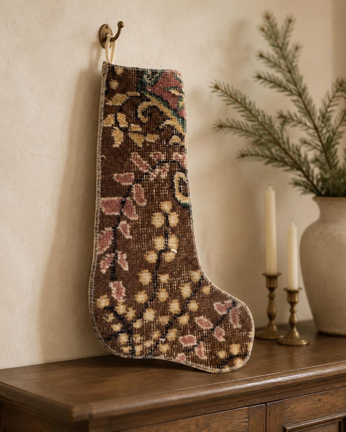 Turkish Rug Christmas Stocking, Handmade Vintage Anatolian Wool, Boho Fireplace Decor, Brown, Rustic Gift