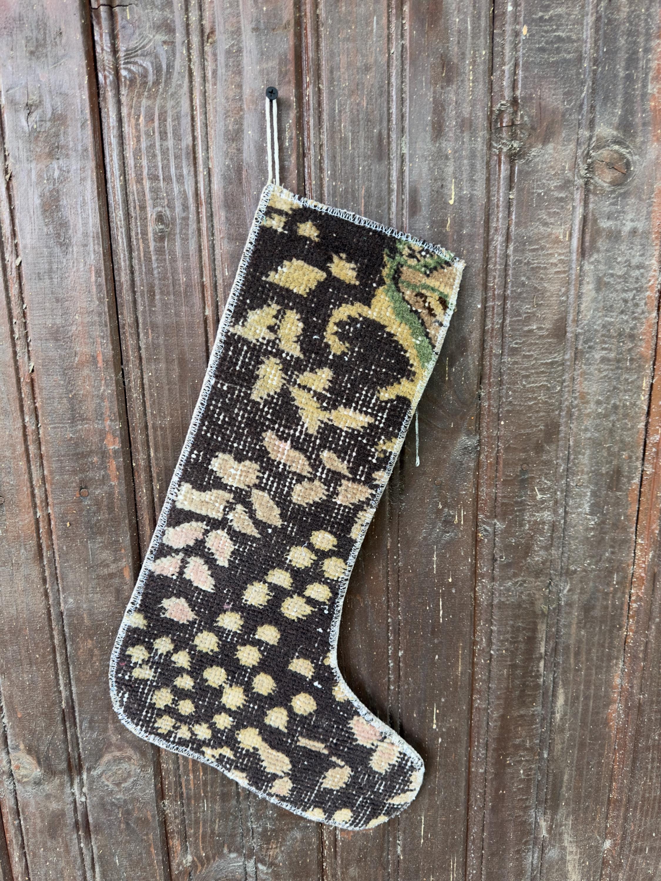 Vintage Turkish Rug Christmas Stocking, Espresso Brown Mustard Gold, Blush Olive Floral, 12.2x18.1 in – view 3