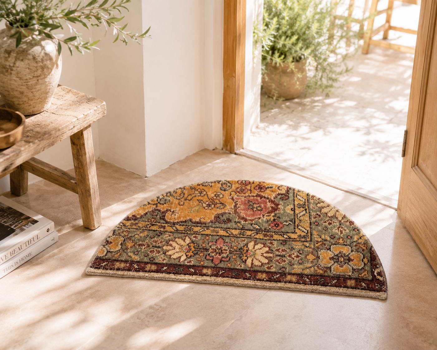 Vintage Turkish Semicircle Rug, Handwoven Wool, Amber Gold Sage Green Pink Rose, 1.5x2.5 ft