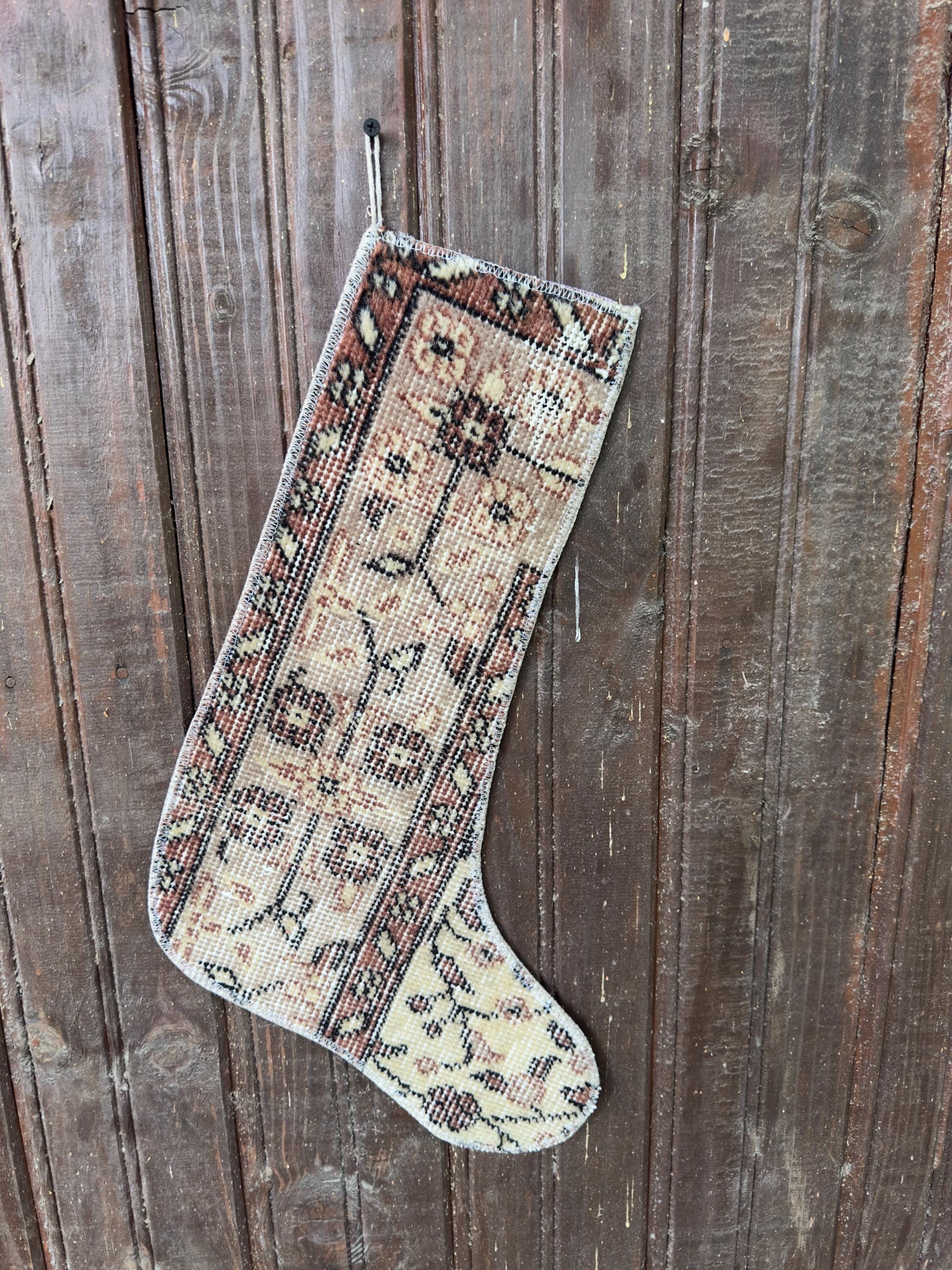 Vintage Turkish Rug Christmas Stocking, Soft Beige Floral Border, Cream Rust Terracotta, 13.4x18.5 in – view 3
