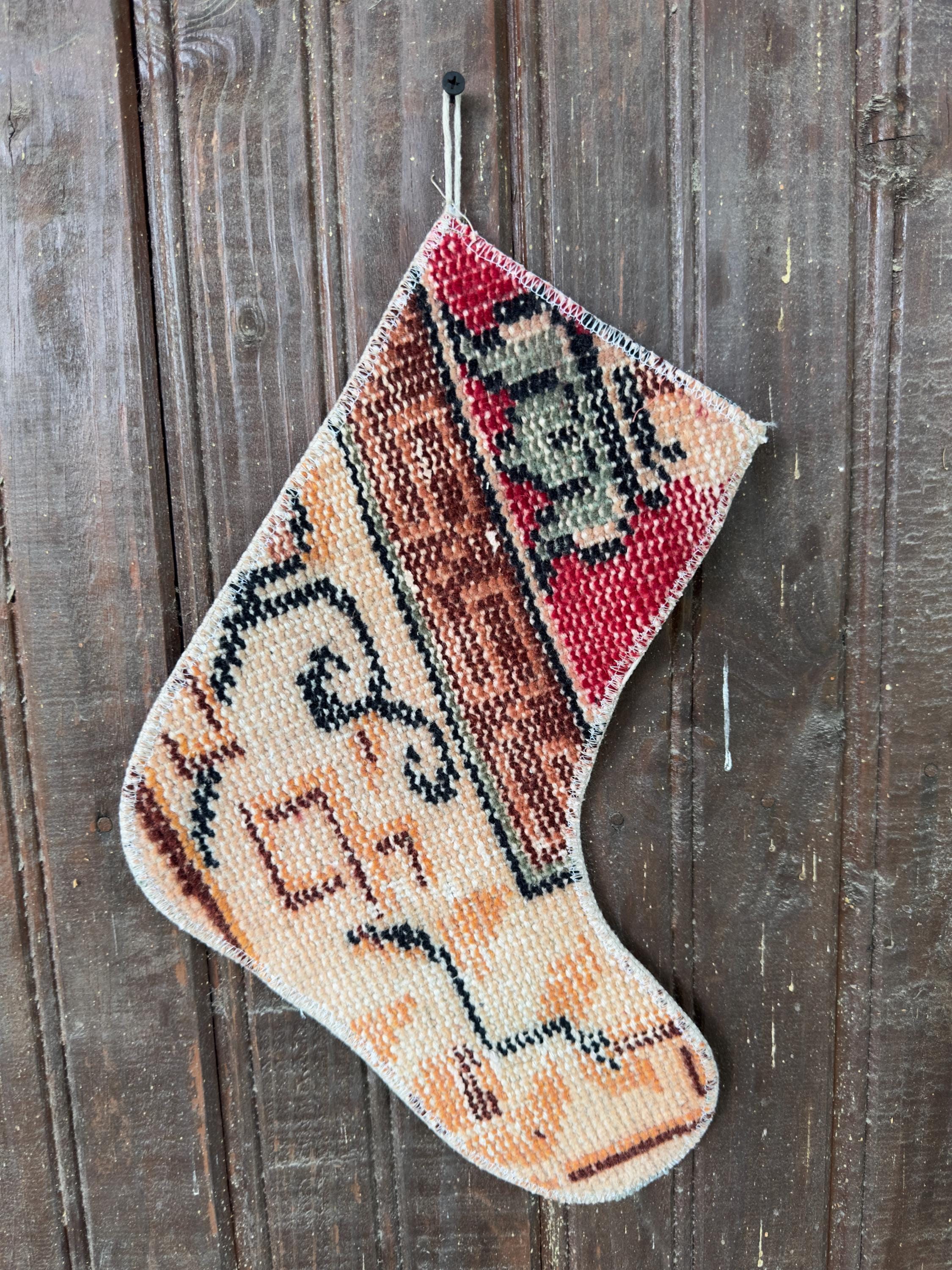 Vintage Turkish Rug Christmas Stocking, Earthy Red Rust Brown, Cream Peach Orange, 11.8x12.2 in – view 5