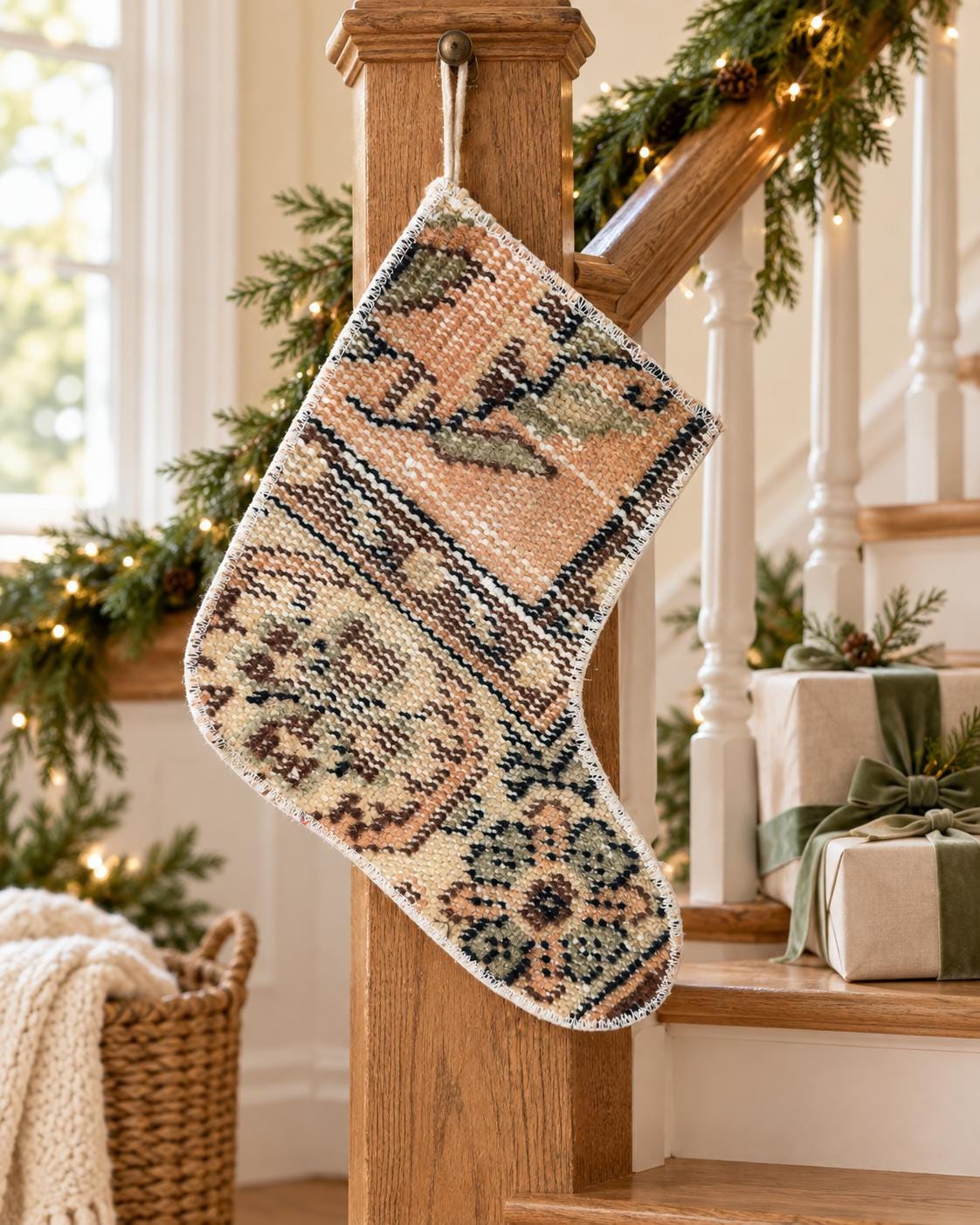 Vintage Turkish Rug Christmas Stocking, Peach Olive Tan Floral Medallion, Brown Black, 11.0x12.2 in