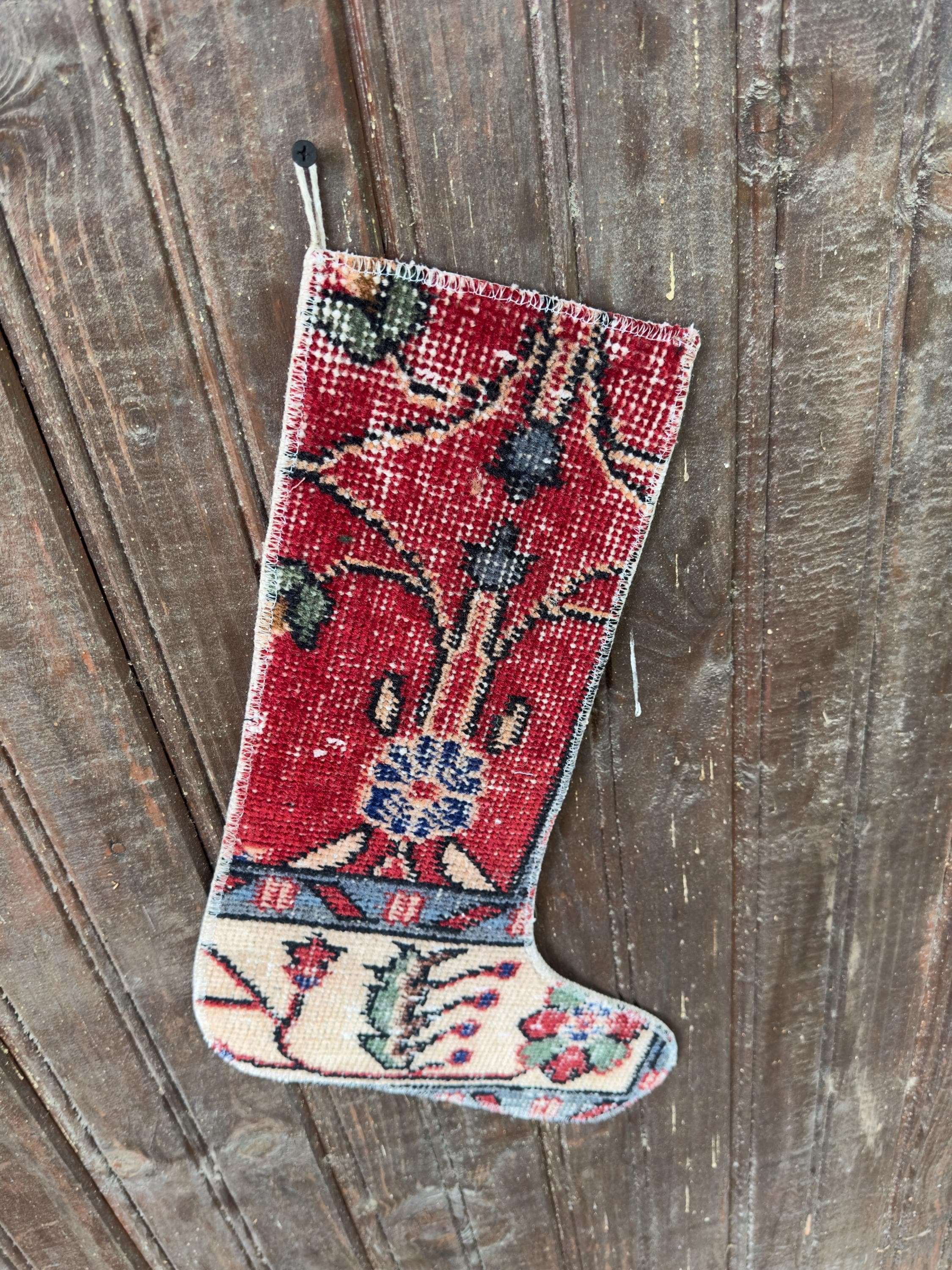 Vintage Turkish Rug Christmas Stocking, Bohemian Red Floral, Cream Blue Green, 12.6x18.1 in – view 6
