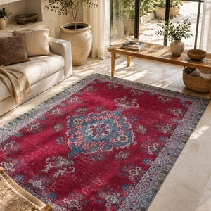 Alfombra Turca Vintage, Lana Anudada a Mano Medallón, Desgastada Rojo Carmesí Turquesa Floral, 3.6x5.1 ft
