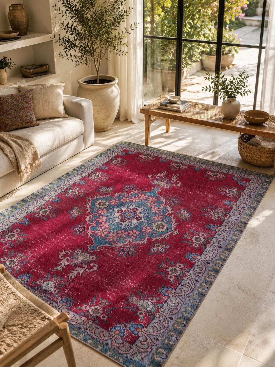 Vintage Turkish Area Rug, Hand-Knotted Wool Floral Medallion, Crimson Red Turquoise Distressed, 3.6x5.1 ft