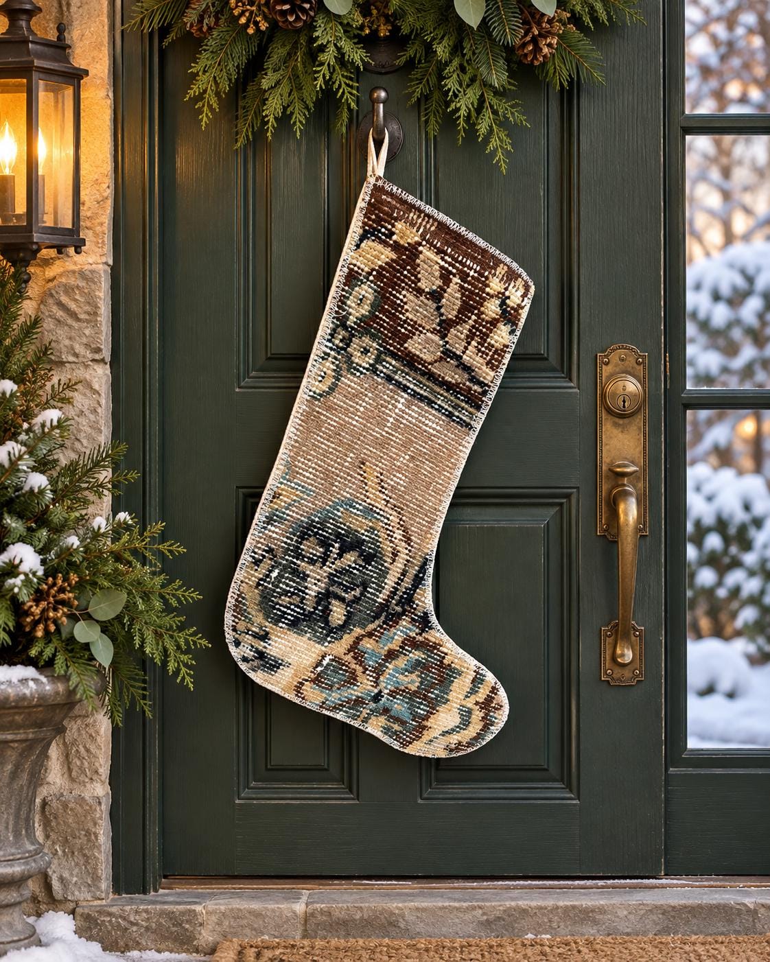 Vintage Turkish Rug Christmas Stocking, Rustic Boho Floral, Brown Cream Blue, 12.2x17.3 in