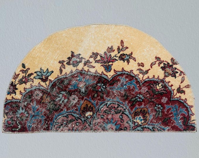 Floral Wool Semicircle Rug: Vintage Turkish Doormat