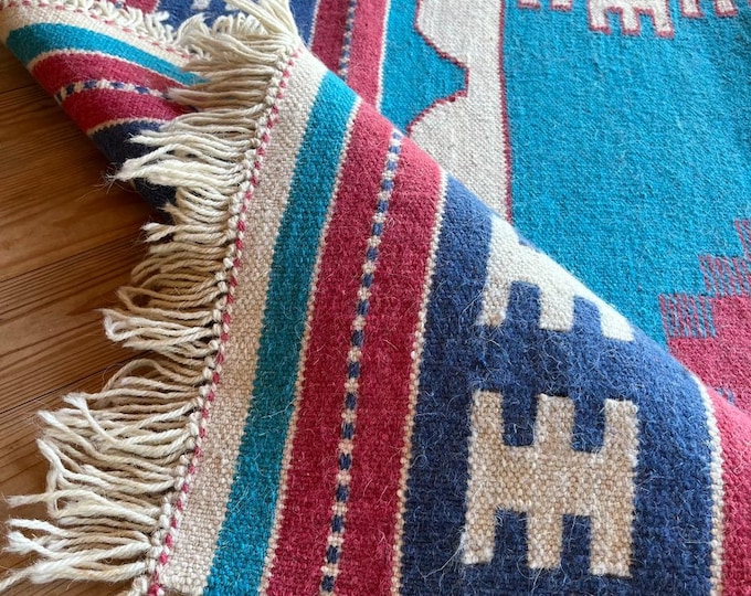 Handwoven Wool Kilim Rug – Vintage Blue & Ecru – Dark - Light Blue – Artisan Handcrafted Rug – Boho Home Decor – 90x120 cm (36x47 in,3x4 ft)