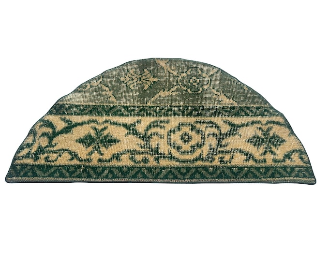 Vintage Isparta Semicircle Doormat, Handwoven Turkish Wool, Faded Forest Green Floral, Half Moon Entryway Mat