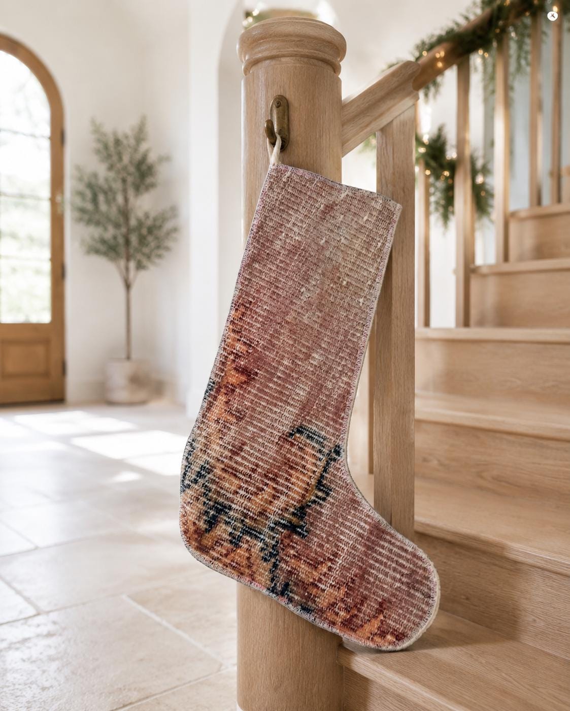 Turkish Rug Christmas Stocking, Handmade Vintage Anatolian Wool, Boho Fireplace Decor, Pink, Rustic Gift