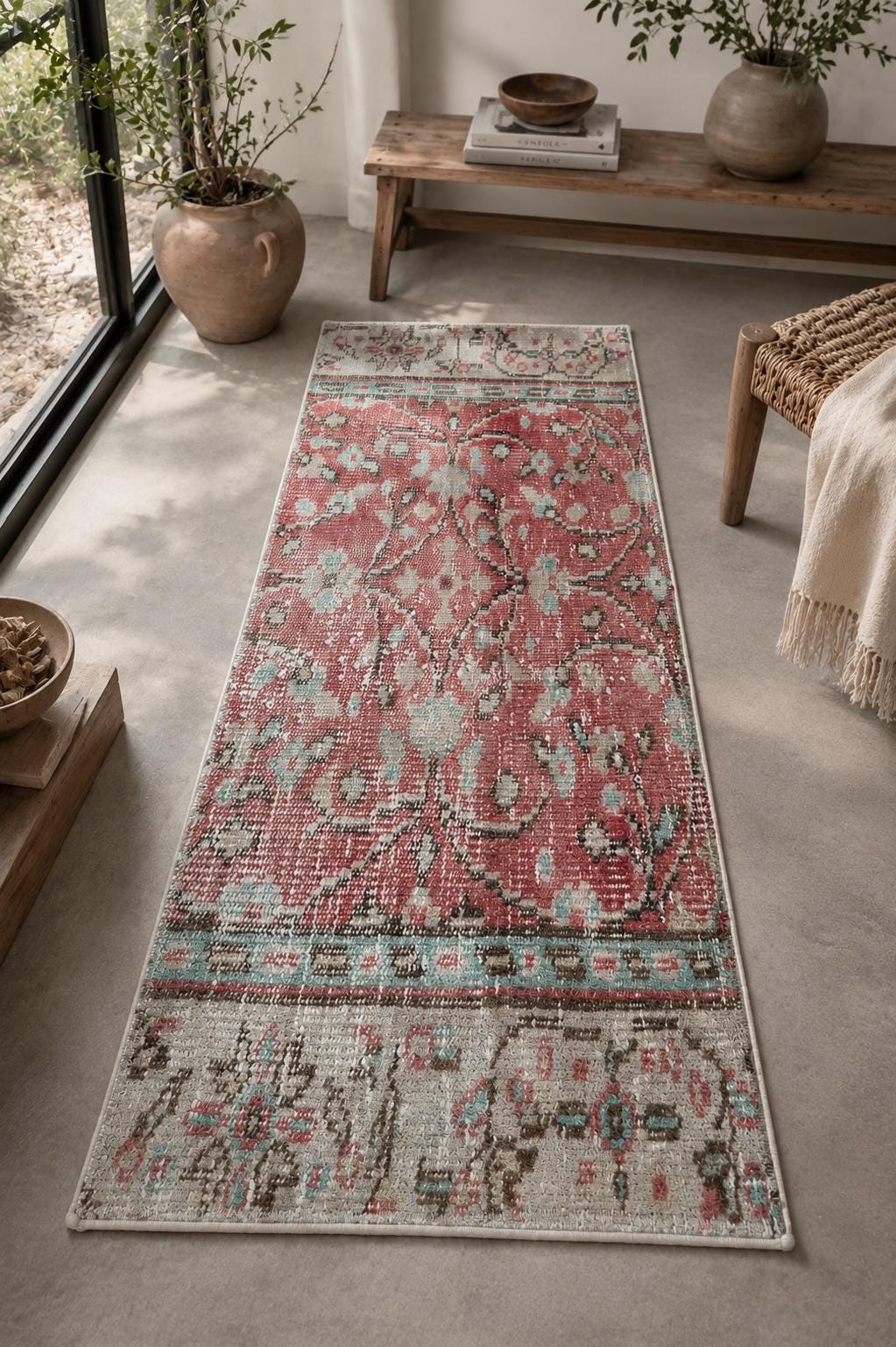Small Turkish Vintage Rug Runner, Handwoven Wool Floral, Dusty Rose Teal Distressed, 1.5x3.7 ft