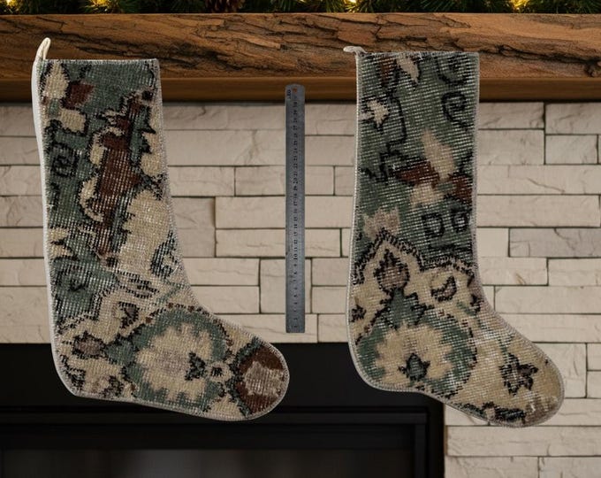Vintage Rug Christmas Stocking Set – Handmade Turkish Carpet Socks 17"x12"