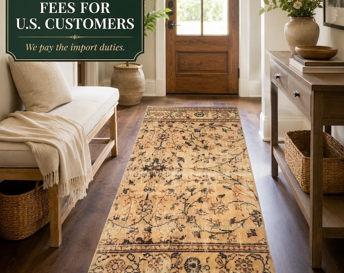 Turkish Runner Rug, Vintage Isparta Handwoven Wool Floral, Distressed Beige Gold Brown, 2.4x6 ft