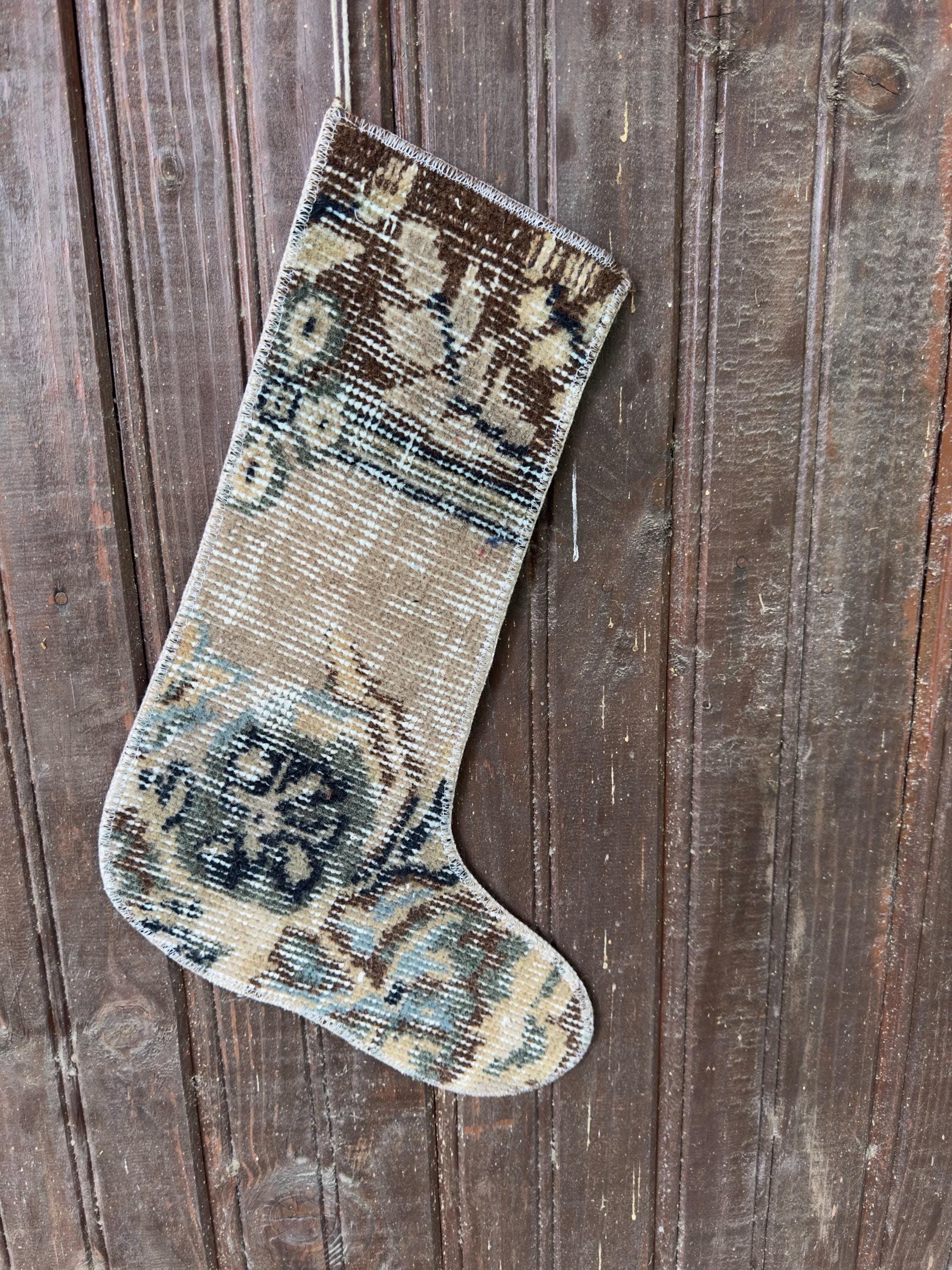Christmas Stocking, Vintage Turkish Rug, Faded Beige Brown Navy Blue, 17 in in beige, brown, blue, navy, central motif detail