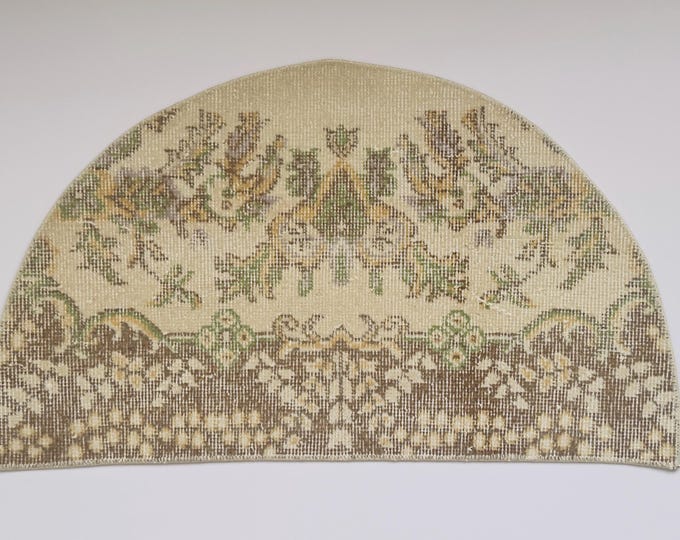 Vintage Floral Wool Semicircle Rug: Small Turkish Doormat 19x33 Inch