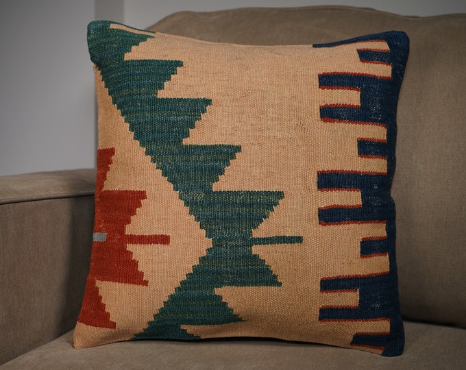 Vintage Kilim Pillow Cover: Green & Red Hemp Accent Pillow (16x16)