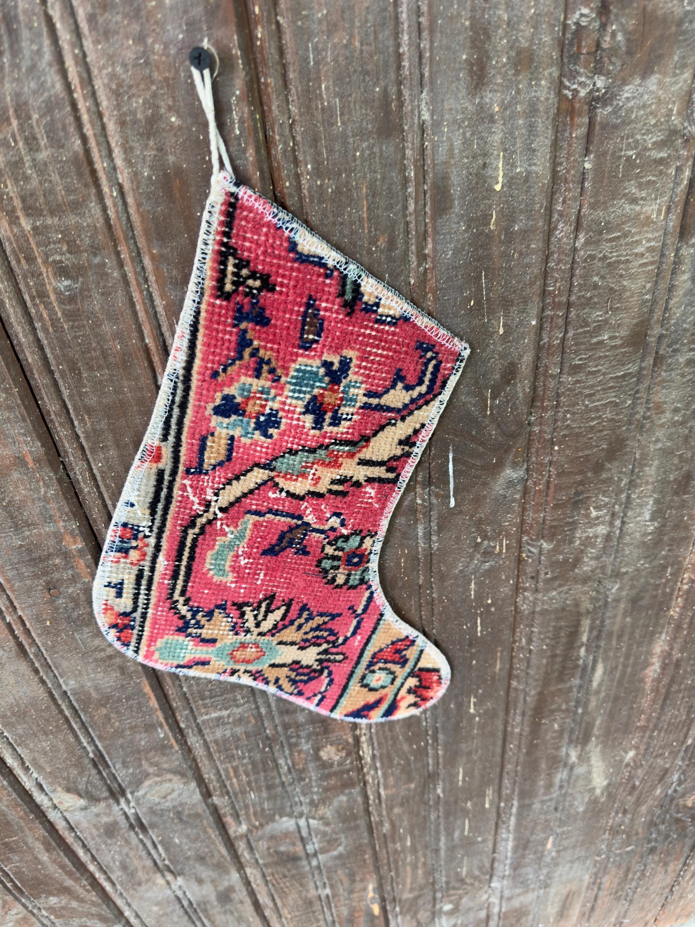 Vintage Turkish Rug Christmas Stocking, Rose Red Navy Floral, Cream Camel Sage, 12.6x11.8 in – view 6