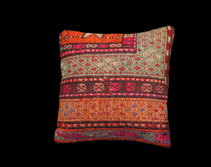 16x16 Tribal Kilim Pillow Cover, Red Green Vintage Boho Cushion