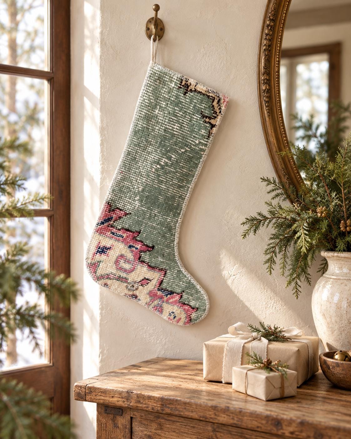 Vintage Turkish Rug Christmas Stocking, Faded Sage Green Floral, Raspberry Pink Cream, 11.8x17.7 in