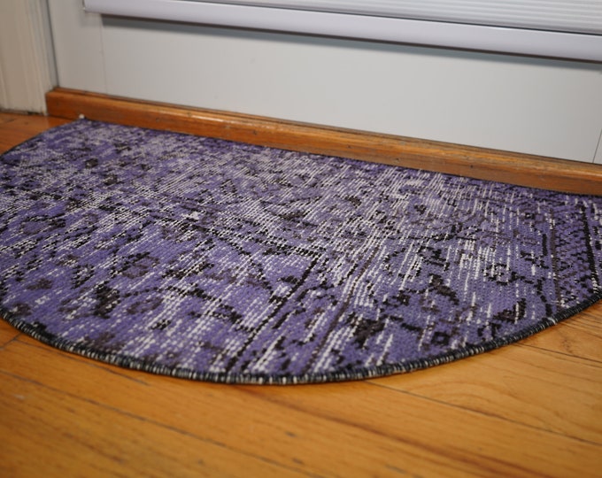 Vintage Purple Wool Rug: Turkish Semicircle Doormat (1.5 x 2.4 ft)