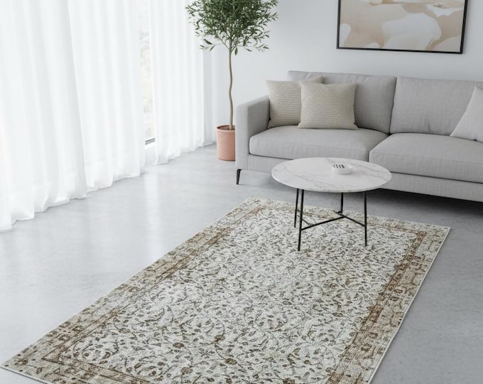 108x198 cm (3.5x6.5 ft) Turkish Vintage Rug Brown Beige Floral Wool Carpet 1970s Handwoven Anatolian Area Rug