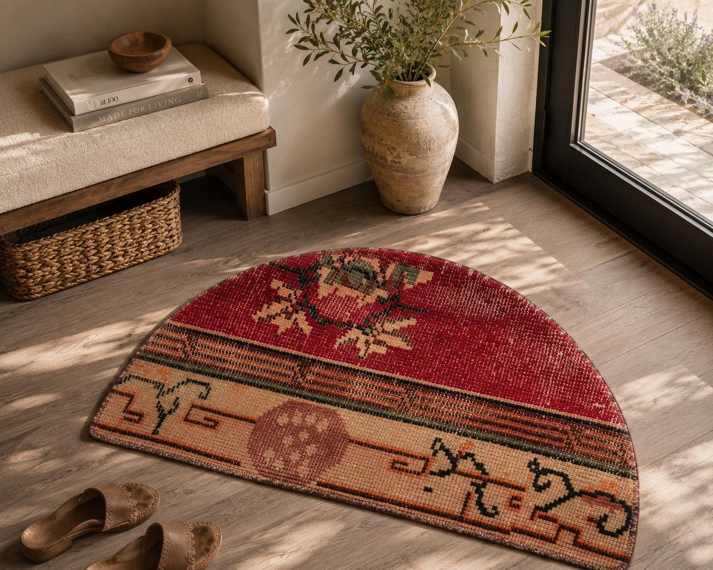 Vintage Turkish Semicircle Rug, Hand-Knotted Wool Red Floral Medallion Border, Crimson, 1.4x2.5 ft